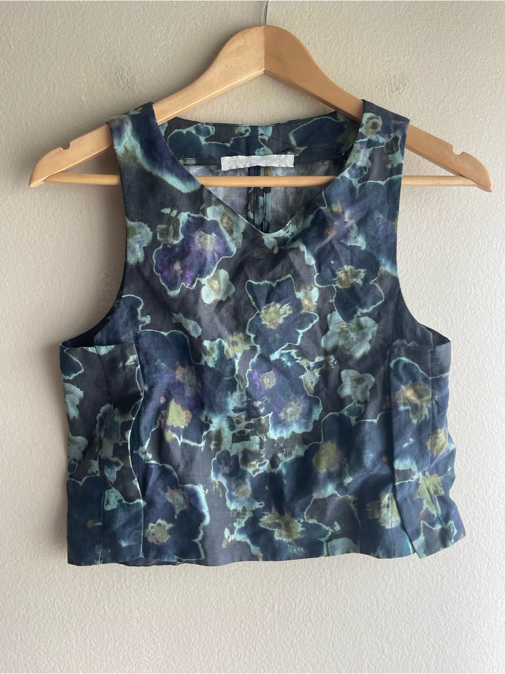 Creatures Of Comfort Women Silk Linen V Neck Camisole Blue Green Tank Top Small